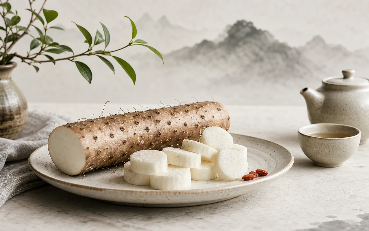 Editorial Chinese yam ingredient note with tea, ceramic vessels, and ink landscape styling