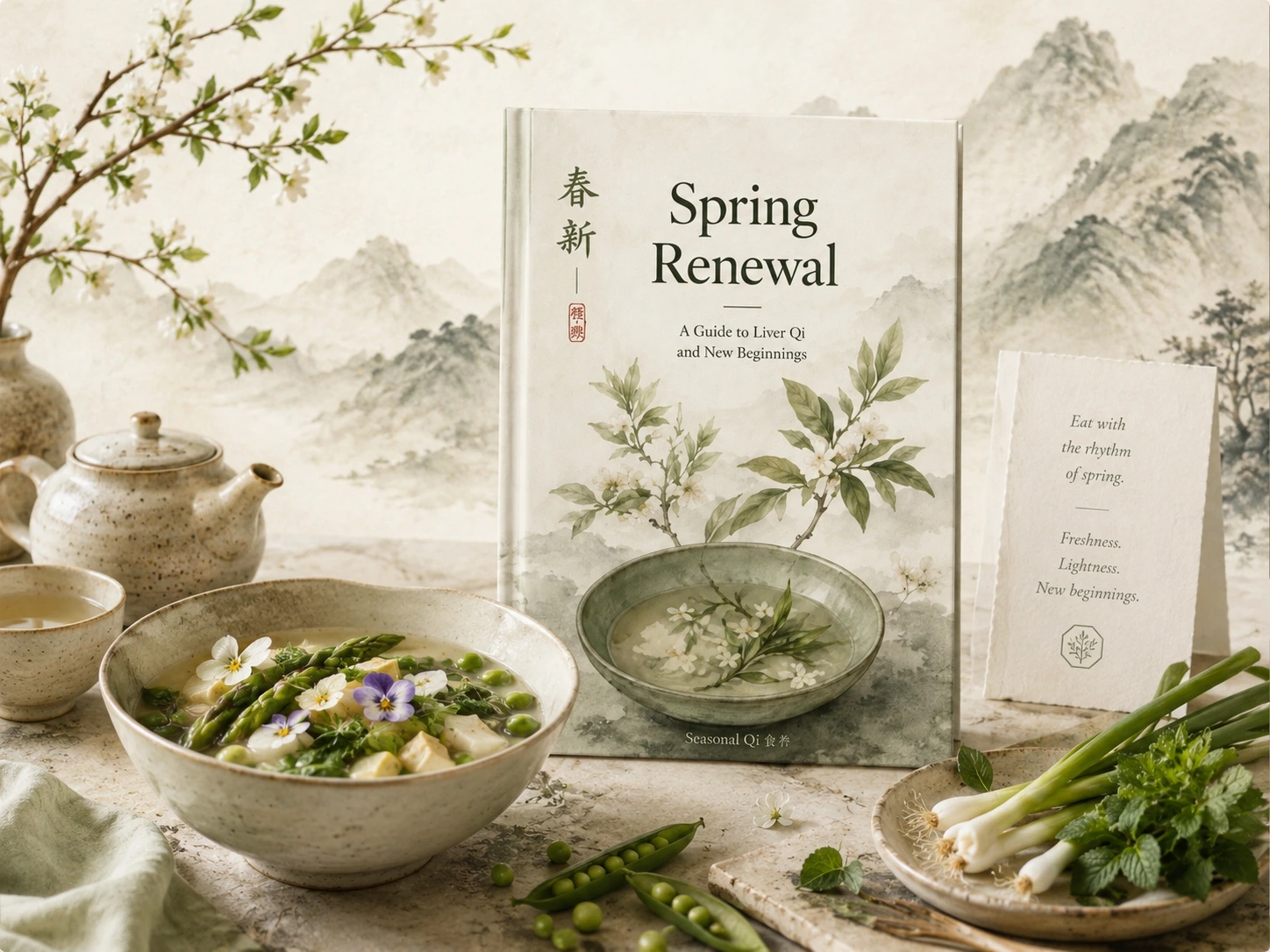 Spring Renewal digital food guide with a spring bowl, tea, green ingredients, and paper note